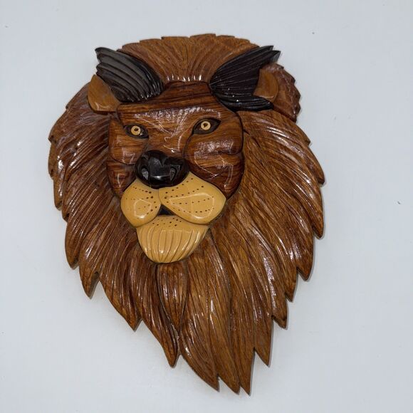Intarsia Wood Handcrafted Lion Wall Art Hanging Plaque King Of The Jungle 9” - Picture 13 of 13